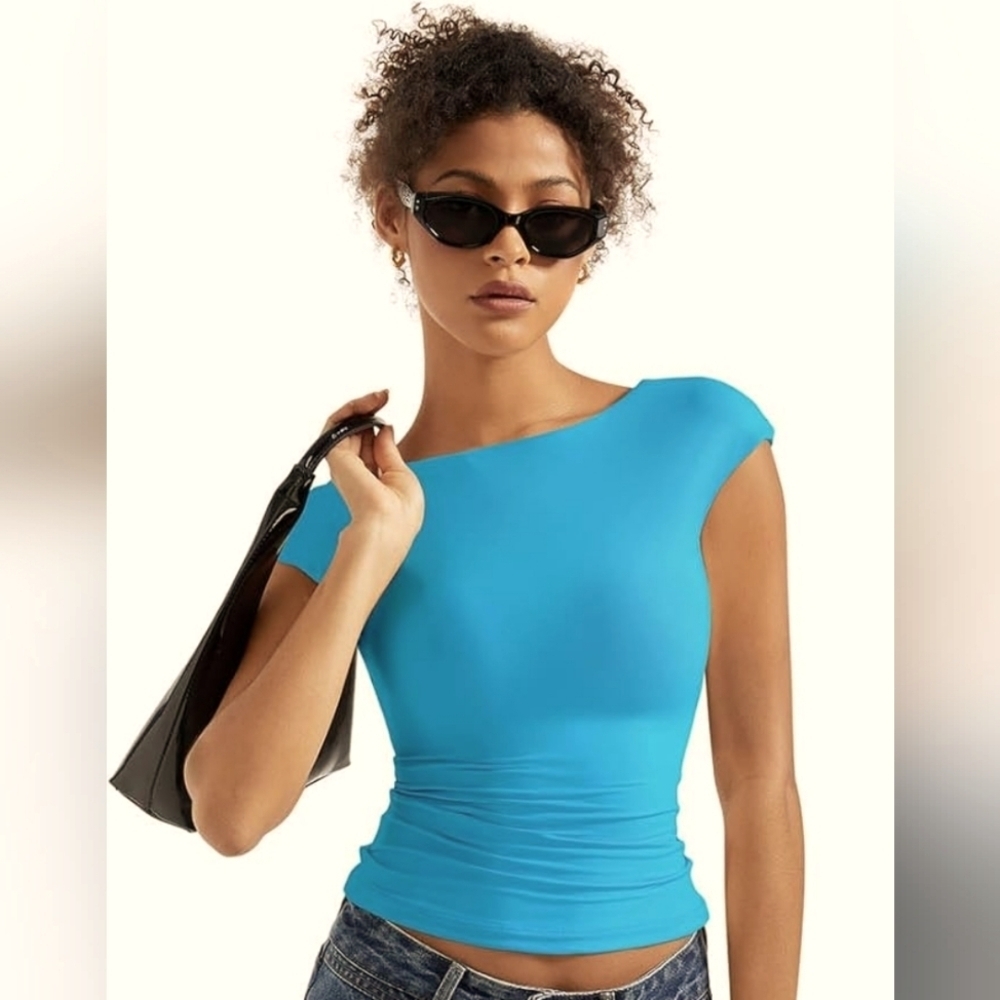 Women Backless Basic Tee Shirt Royal Blue, Medium